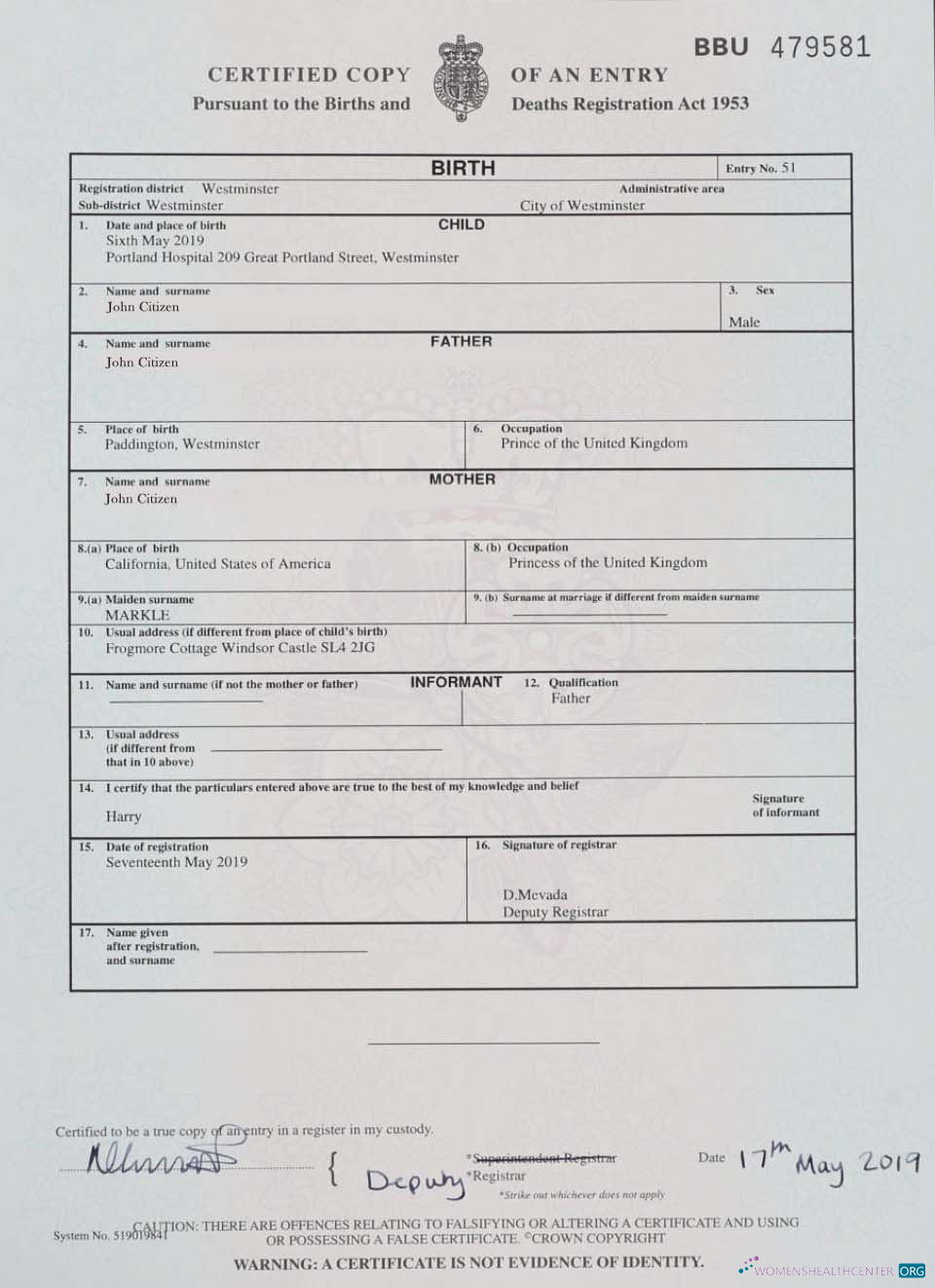 Download England Births and Deaths Registration birth certificate Photoshop template